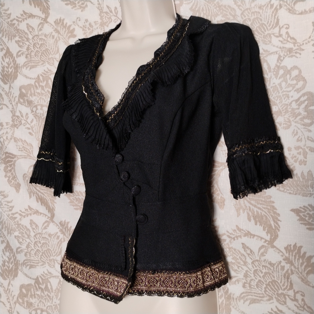 Vintage Gothic Black Lace-Trim Jacket-Blouse
